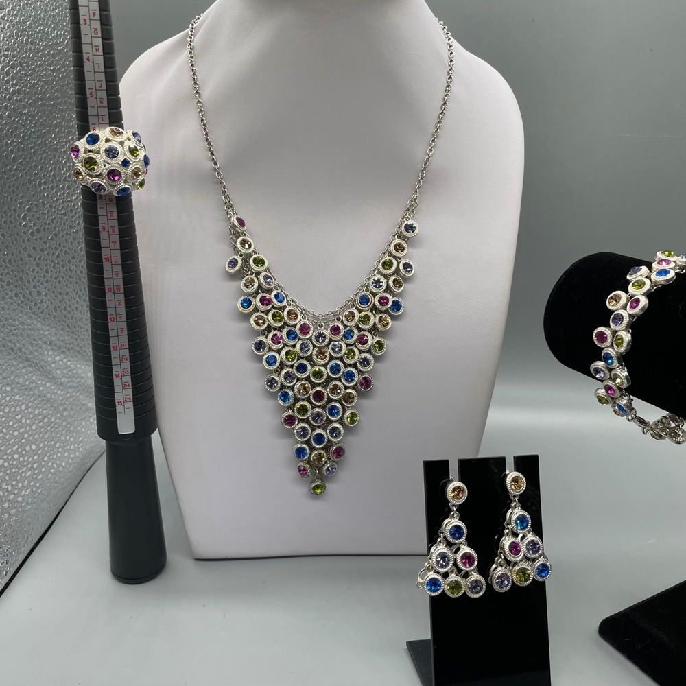 Multi Color Rhinestone Silver Tone Statement Jewelry Set Necklace Bracelet Ring - Picture 9 of 14
